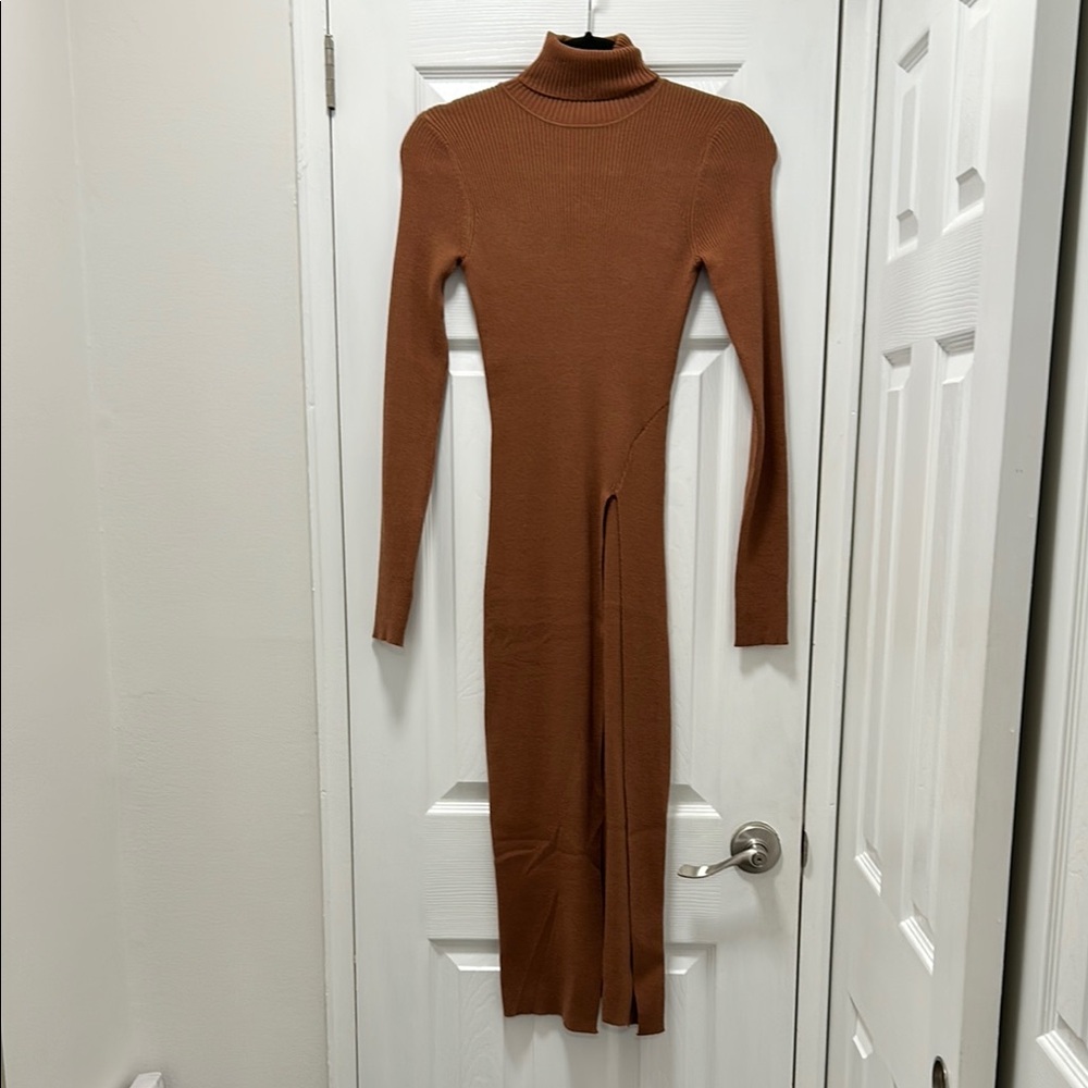 Astr Brown Ribbed Turtleneck Bodycon Dress